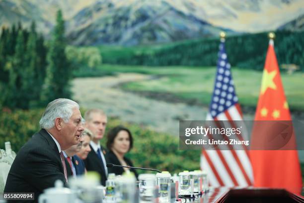 Secretary of State Rex Tillerson meeting with Chinese State Councilor Yang Jiechi at the Great Hall of the People on September 30, 2017 in Beijing,...