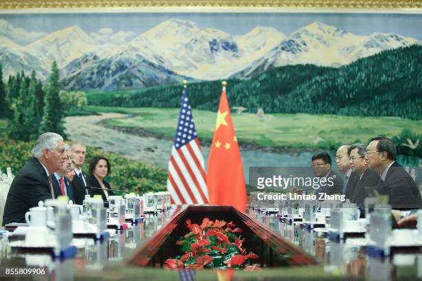 Secretary of State Rex Tillerson meeting with Chinese State Councilor Yang Jiechi at the Great Hall of the People on September 30, 2017 in Beijing,...