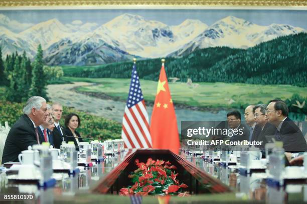 Secretary of State Rex Tillerson attends a meeting with Chinese State Councilor Yang Jiechi at the Great Hall of the People in Beijing on September...