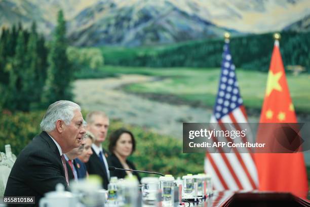 Secretary of State Rex Tillerson attends a meeting with Chinese State Councilor Yang Jiechi at the Great Hall of the People in Beijing on September...