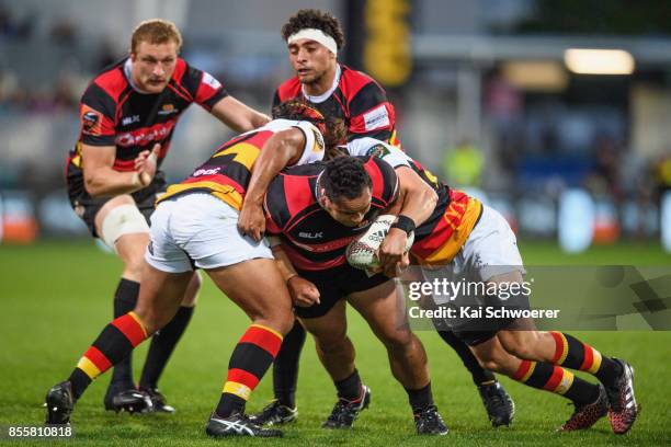 Siate Tokolahi of Canterbury charges forward during the round seven Mitre 10 Cup match between Canterbury and Waikato on September 30, 2017 in...