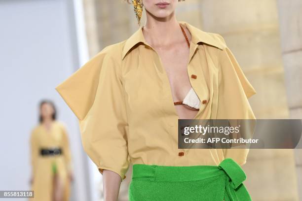 Model presents a creation by Veronique Leroy during the women's 2018 Spring/Summer ready-to-wear collection fashion show in Paris, on September 30,...