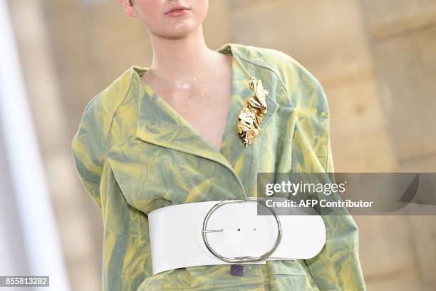 Model presents a creation by Veronique Leroy during the women's 2018 Spring/Summer ready-to-wear collection fashion show in Paris, on September 30,...