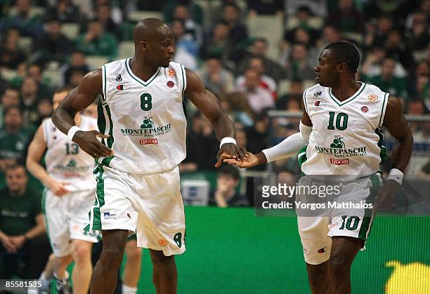 Benjamin Eze, #8 and Romain Sato, #10 of Montepaschi Siena celebratesBenjamin Eze, #8 and Romain Sato, #10 of Montepaschi Siena during the Play off...