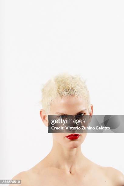 Model poses prior the Haider Ackermann show as part of the Paris Fashion Week Womenswear Spring/Summer 2018 on September 30, 2017 in Paris, France.