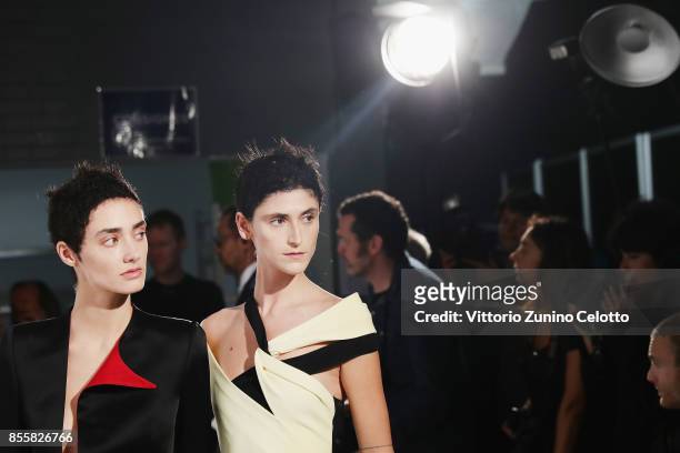 Models pose prior the Haider Ackermann show as part of the Paris Fashion Week Womenswear Spring/Summer 2018 on September 30, 2017 in Paris, France.