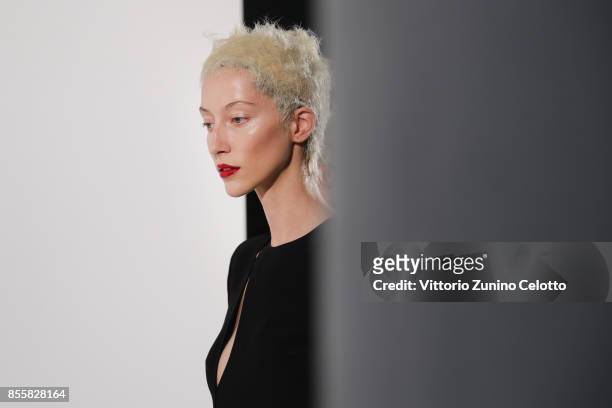 Model poses prior the Haider Ackermann show as part of the Paris Fashion Week Womenswear Spring/Summer 2018 on September 30, 2017 in Paris, France.