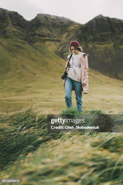 woman looking at scenic landscape of mountains in iceland - northpark stock pictures, royalty-free photos & images