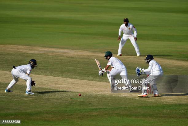 Babar Azam of Pakistan bats during Day Three of the First Test between Pakistan and Sri Lanka at Sheikh Zayed Stadium on September 30, 2017 in Abu...