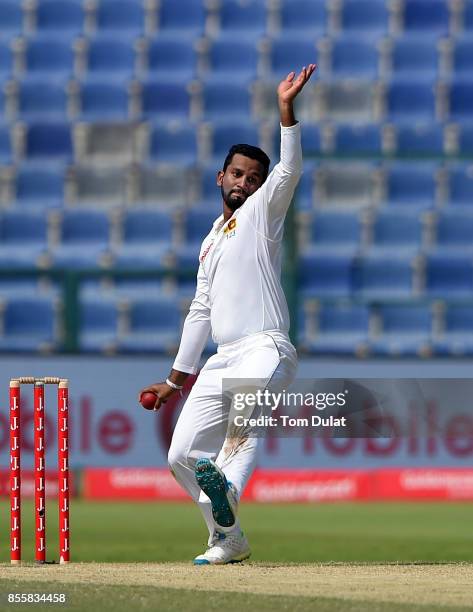 Dimuth Karunaratne of Sri Lanka bowls during Day Three of the First Test between Pakistan and Sri Lanka at Sheikh Zayed Stadium on September 30, 2017...