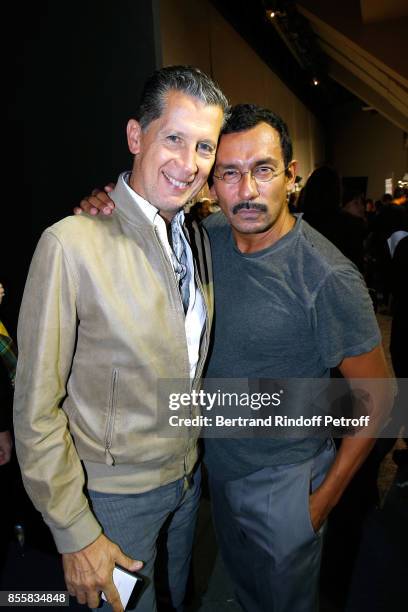 Stefano Tonchi and stylist Haider Ackermann pose Backstage after the Haider Ackermann show as part of the Paris Fashion Week Womenswear Spring/Summer...