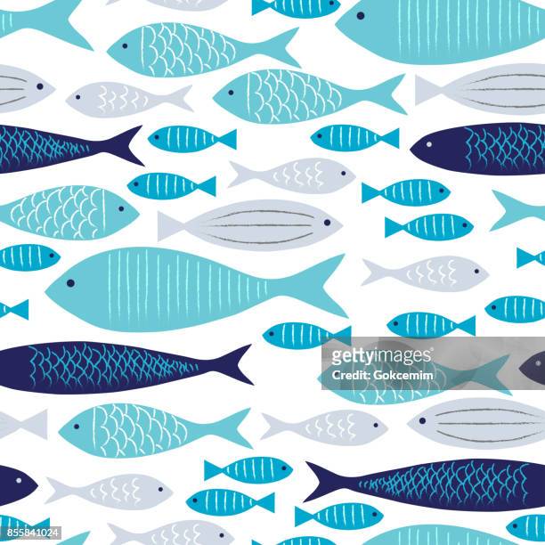 illustrazioni stock, clip art, cartoni animati e icone di tendenza di motivo senza cuciture pesci blu e grigi con sfondo bianco. - mare