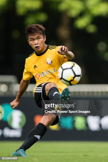 Hin Chun Wong of Lee Man in action during the Hong Kong Premier League Week 4 match between Lee Man and Wafoo Tai Po at the Tseung Kwan O Sports...