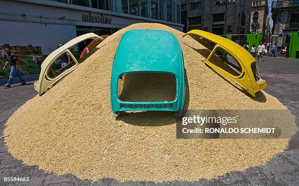 Man walks next to the sculpture "Escalando sobre maiz" -part of the "A vuelta de rueda" exhibition- of Mexican artist Betsabee Romero, on March 24,...