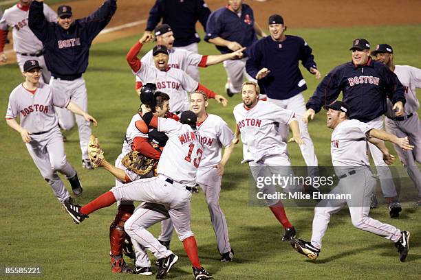 Boston Red Sox celebrate after winning game 4 of the World Series Boston Red Sox vs St Louis Cardinals at Busch Stadium in St Louis, Missouri on...