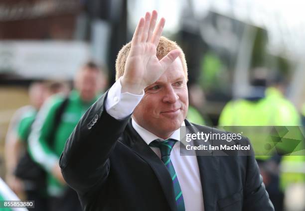 Hibernian manager Neil Lennon arrives prior to the Ladbrokes Scottish Premiership match between Celtic and Hibernian at Celtic Park Stadium on...