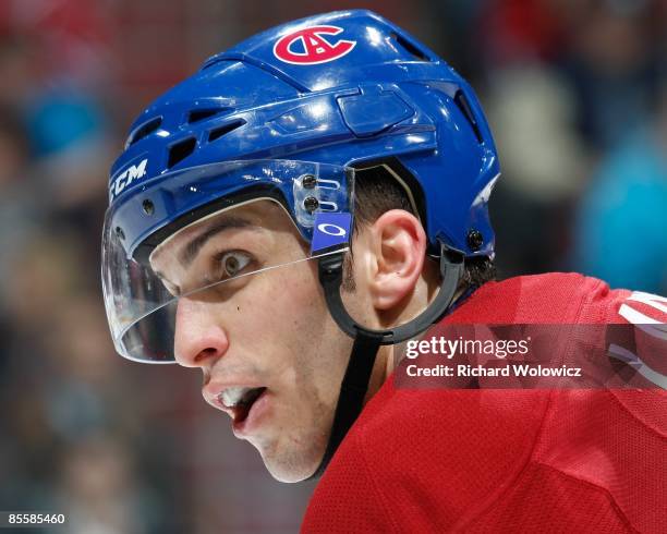 Maxim Lapierre of the Montreal Canadiens waits for the faceoff during the NHL game against the Toronto Maple Leafs at the Bell Centre on March 21,...