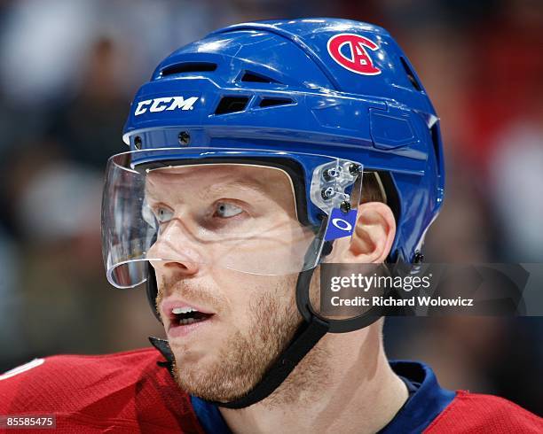 Saku Koivu of the Montreal Canadiens waits for the faceoff during the NHL game against the Toronto Maple Leafs at the Bell Centre on March 21, 2009...