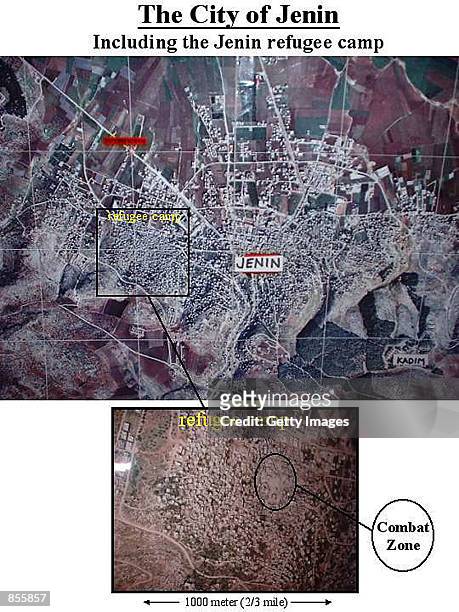 An aerial view of the city of Jenin shows April 20 the combat zone inside the Jenin refugee camp. At bottom is an enlarged view of the combat zone,...