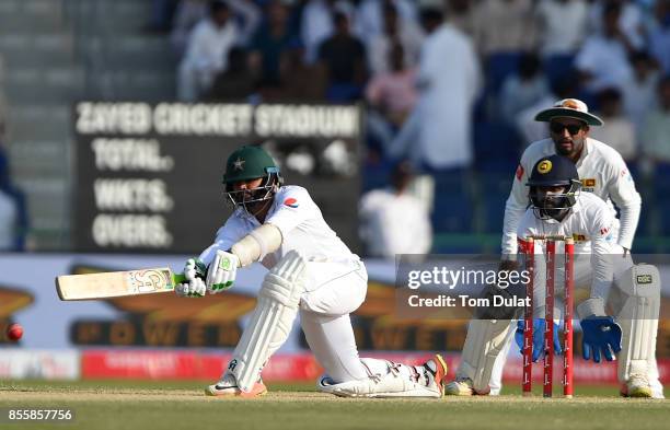 Azhar Ali of Pakistan bats during Day Three of the First Test between Pakistan and Sri Lanka at Sheikh Zayed Stadium on September 30, 2017 in Abu...