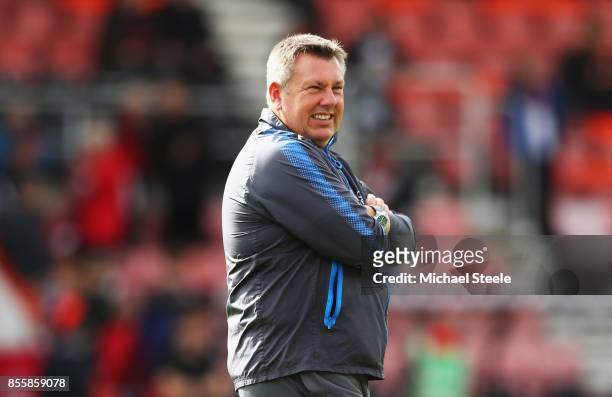 Craig Shakespeare, manager of Leicester City looks on as his team warm up prior to the Premier League match between AFC Bournemouth and Leicester...