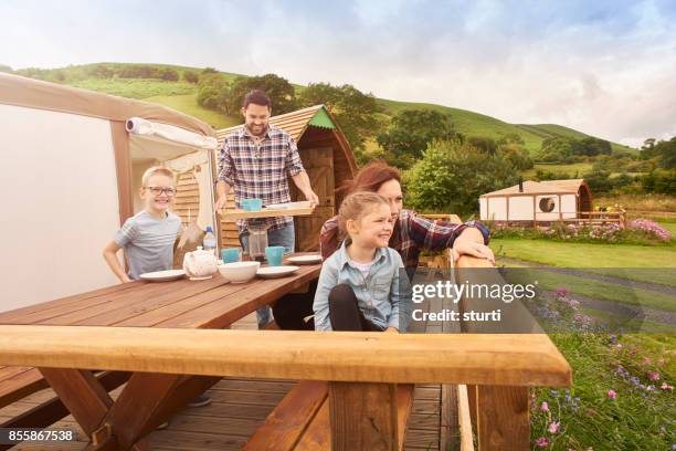 lunchtime glampers - yurt stock pictures, royalty-free photos & images