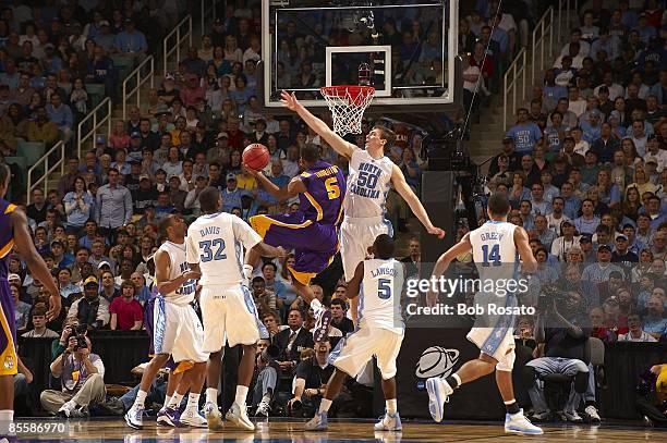 Playoffs: North Carolina Tyler Hansbrough in action vs Louisiana State Marcus Thornton . Greensboro, NC 3/21/2009 CREDIT: Bob Rosato