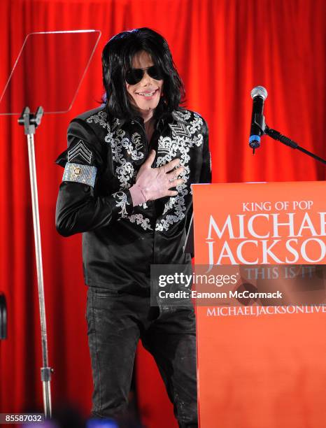 Michael Jackson announces plans for Summer residency at the O2 Arena at a press conference held at the O2 Arena on March 5, 2009 in London, England.