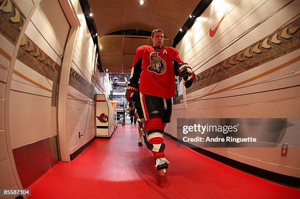 Dany Heatley of the Ottawa Senators walks down the players' tunnel after warmups prior to a game against the New York Islanders at Scotiabank Place...