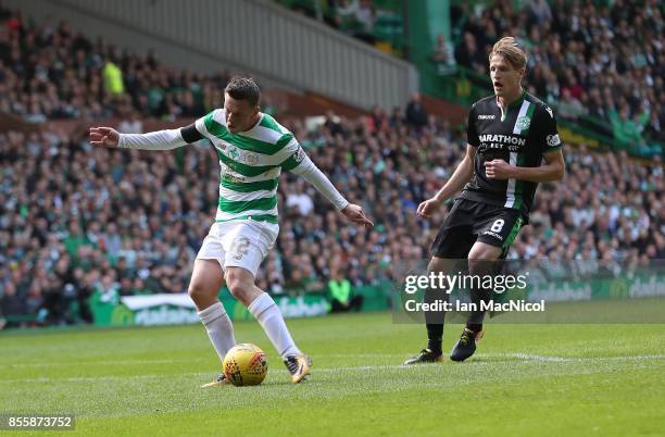 Callum McGregor of Celtic scores the opening goal during the Ladbrokes Scottish Premiership match between Celtic and Hibernian at Celtic Park Stadium...