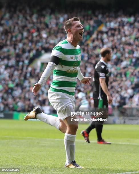 Callum McGregor of Celtic celebrates after he scores the opening goal during the Ladbrokes Scottish Premiership match between Celtic and Hibernian at...