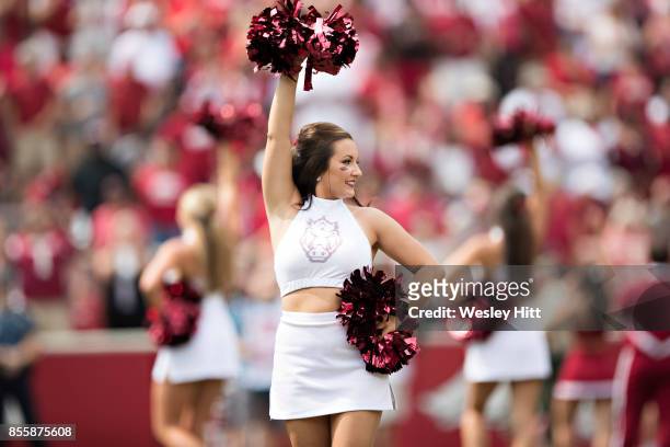 Cheerleaders of the Arkansas Razorbacks perform before a game against the TCU Horned Frogs at Donald W. Reynolds Razorback Stadium on September 9,...