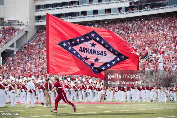 Cheerleaders of the Arkansas Razorbacks perform before a game against the TCU Horned Frogs at Donald W. Reynolds Razorback Stadium on September 9,...