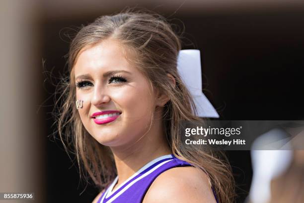 Cheerleader of the TCU Horned Frogs performs during a game against the Arkansas Razorbacks at Donald W. Reynolds Razorback Stadium on September 9,...