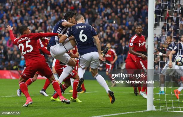 Jonny Evans of West Bromwich Albion celebrates scoring his side's second goal during the Premier League match between West Bromwich Albion and...