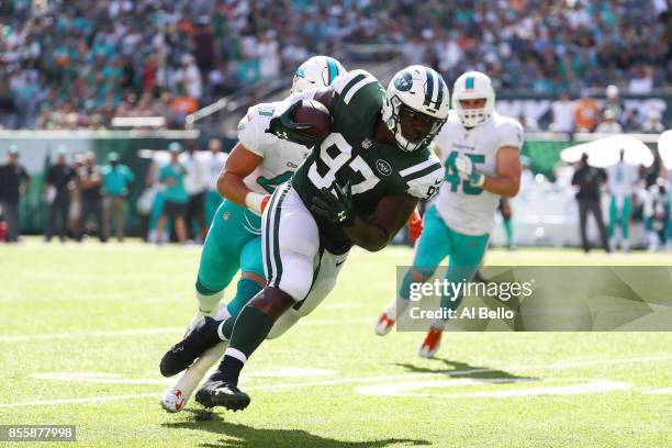 Lawrence Thomas of the New York Jets in action against the Miami Dolphins during their game at MetLife Stadium on September 24, 2017 in East...