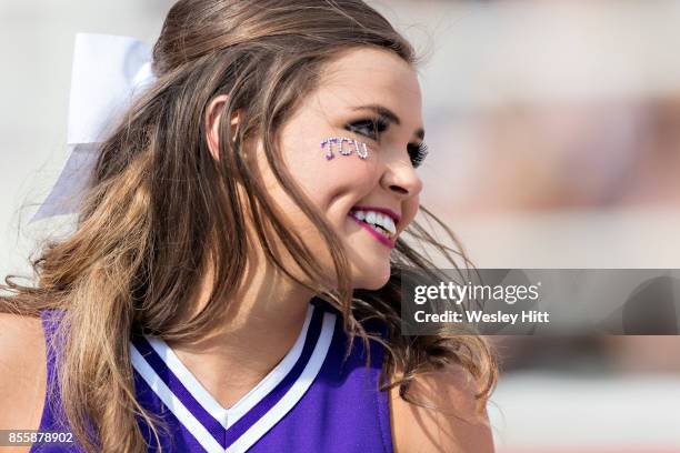 Cheerleader of the TCU Horned Frogs performs during a game against the Arkansas Razorbacks at Donald W. Reynolds Razorback Stadium on September 9,...