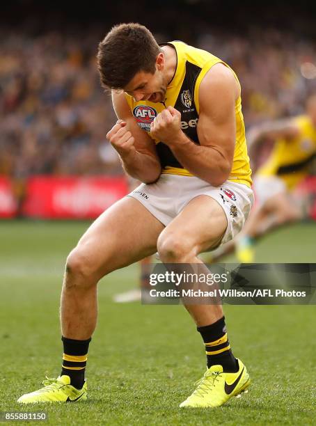 Trent Cotchin of the Tigers celebrates as the final siren sounds during the 2017 Toyota AFL Grand Final match between the Adelaide Crows and the...