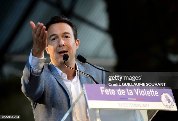 French right-wing Les Republicains MP Guillaume Peltier speaks on September 30, 2017 at the "Fete de la Violette" , a political gathering organised...