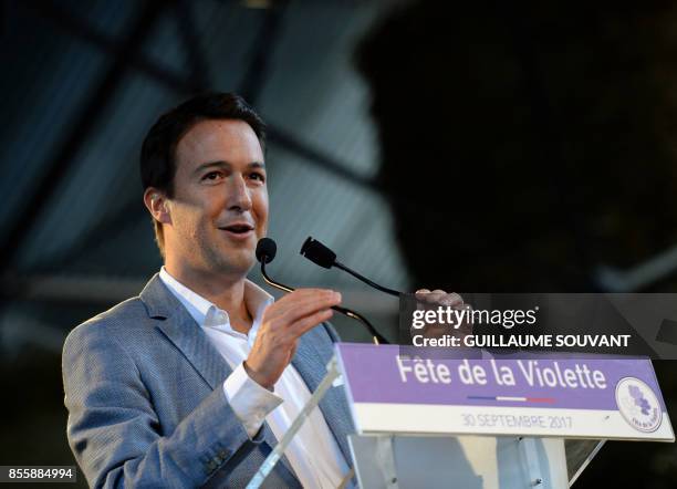 French right-wing Les Republicains MP Guillaume Peltier speaks on September 30, 2017 at the "Fete de la Violette" , a political gathering organised...