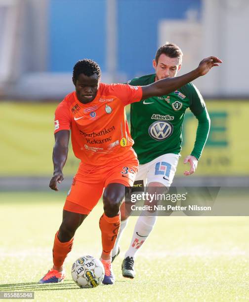 Taye Taiwo of Athletic FC Eskilstuna during the Allsvenskan match between Athletic FC Eskilstuna and Jonkopings Sodra IF at Tunavallen on September...