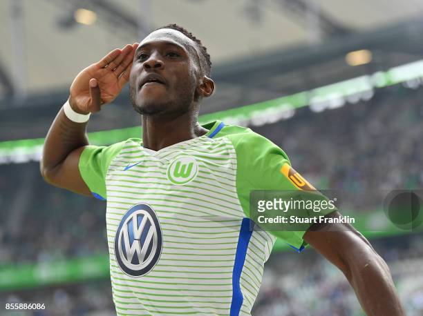 Josuha Guilavogui of Wolfsburg celebrates scoring his goal during the Bundesliga match between VfL Wolfsburg and 1. FSV Mainz 05 at Volkswagen Arena...