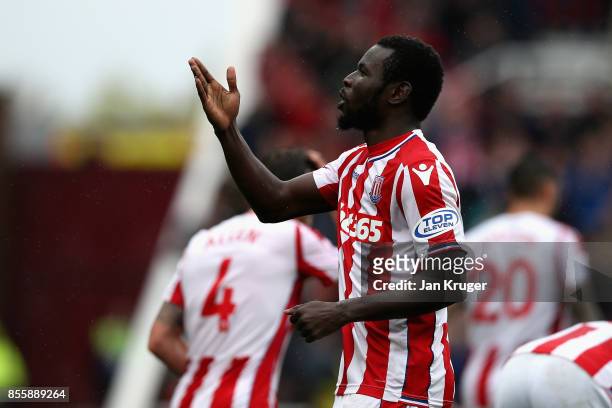 Mame Biram Diouf of Stoke City celebrates scoring the opening goal during the Premier League match between Stoke City and Southampton at Bet365...
