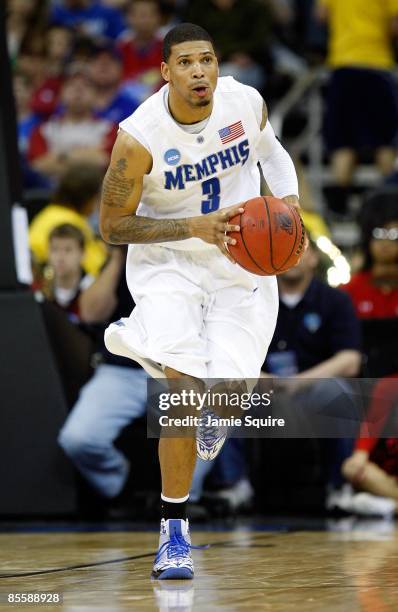 Roburt Sallie of the Memphis Tigers looks to pass the ball during their second round game against the Maryland Terrapins in the NCAA Division I Men's...