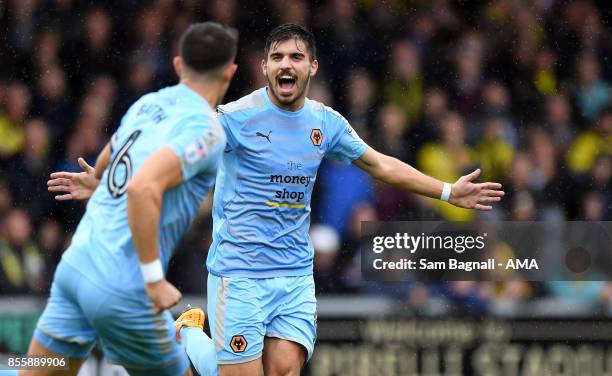 Ruben Neves of Wolverhampton Wanderers celebrates after Romain Saiss of Wolverhampton Wanderers scored a goal to make it 0-2 during the Sky Bet...