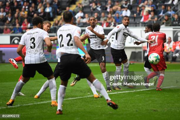 Simon Terodde of Stuttgart scores his teams first goal to make it 1:1 during the Bundesliga match between Eintracht Frankfurt and VfB Stuttgart at...