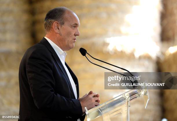 French Mayor of Touquet Daniel Fasquelle speaks on September 30, 2017 at the "Fete de la Violette" , a political gathering at Souvigny-en-Sologne,...