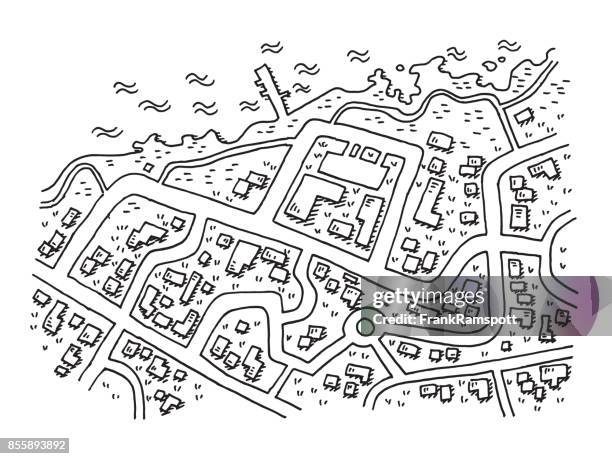 ilustrações, clipart, desenhos animados e ícones de desenho de aldeia costeira de mapa aéreo street view - mapa de rua