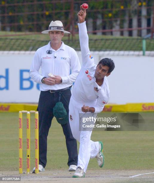 Mehedi Miraj Hasan of Bangladesh bowling during day 3 of the 1st Sunfoil Test match between South Africa and Bangladesh at Senwes Park on September...