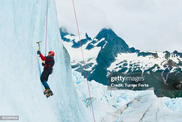 woman climbs glacial cliff - icepick stock-fotos und bilder